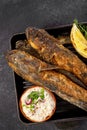 Fried fish Black Sea goby, on a dark background Royalty Free Stock Photo