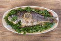 Fried fish carp in plate on wooden background, top view Royalty Free Stock Photo