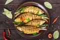 Fried fish carp sazan on a ceramic bowl with branches of rosemary