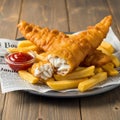 Fried fish and chips with ketchup on newspaper Royalty Free Stock Photo
