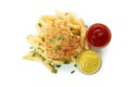 Fried fish and chips, and sauces isolated on white background