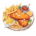 Fried fish and chips with tartar sauce. Hand drawn watercolor illustration Royalty Free Stock Photo