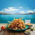 Fried fish and chips on a wooden table against the background of the lake Royalty Free Stock Photo