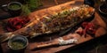 Fried fish on a cutting board with spices.Generated by AI Royalty Free Stock Photo
