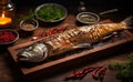 Fried fish on a cutting board with spices.Generated by AI Royalty Free Stock Photo