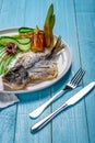 Fried fish dorado, decorated with cucumbers and onions. On a blue wooden background Royalty Free Stock Photo