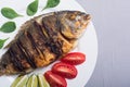 Fried fish dorado with lime , tomatoes and spinach Royalty Free Stock Photo