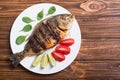 Fried fish dorado with lime , tomatoes and spinach Royalty Free Stock Photo