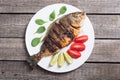 Fried fish dorado with lime , tomatoes and spinach Royalty Free Stock Photo