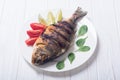 Fried fish dorado with lime , tomatoes and spinach Royalty Free Stock Photo