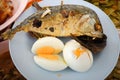 Fried fish and eggs on plate. Royalty Free Stock Photo