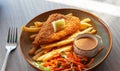 Fried fish fellet wiht french fries and veggies on plate Royalty Free Stock Photo