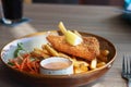 Fried fish fellet wiht french fries and veggies on plate Royalty Free Stock Photo