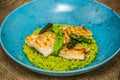 Fried fish fillet with green couscous and fresh asparagus Royalty Free Stock Photo