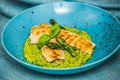 Fried fish fillet with green couscous and fresh asparagus Royalty Free Stock Photo