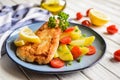 Fried fish fillets in batter, served with potato, tomato and scallion Royalty Free Stock Photo