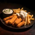 Fried fish fingers with french fries and mayonnaise sauce Royalty Free Stock Photo