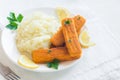 Fried fish fingers, mashed potatoes Royalty Free Stock Photo