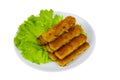 Fried fish fingers on plate with lettuce isolated on white background Royalty Free Stock Photo