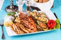 Fried fish, king prawns with lemon, mussels with oyster sauce, colmar rings, crab meat Royalty Free Stock Photo