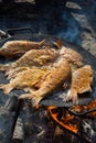 Fried fish on an open fire in a frying pan Royalty Free Stock Photo