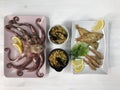 Fried fish,rice with mussels and octopus on dish Royalty Free Stock Photo