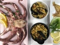 Fried fish,rice with mussels and octopus on dish Royalty Free Stock Photo