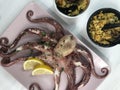 Fried fish,rice with mussels and octopus on dish Royalty Free Stock Photo