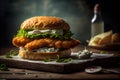 Fried Fish Sandwich On Wooden Table On Dark Bokeh Background - Generative AI