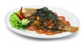 Fried Fish with Spicy Sauce ontop crispy Basil Thai Food Royalty Free Stock Photo