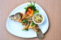 Fried Fish with Vegetable Salad In the dish Royalty Free Stock Photo