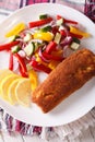 Fried fish with vegetable salad and lemon closeup. vertical top Royalty Free Stock Photo