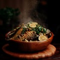 Fried fish with vegetables in a wooden bowl, delicious spicy cuisine, gourmet dish, generative ai