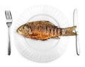 Fried fish on white plate with fork and knife Royalty Free Stock Photo