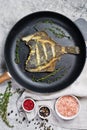 Fried flounder in a pan. Gray background, top view. Royalty Free Stock Photo