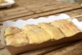 Fried flour pour with sweet condense milk Royalty Free Stock Photo