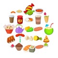 Fried food icons set, cartoon style