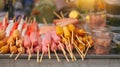 Fried food sausages sticks Thai style food, Thailand street food Bangkok. Royalty Free Stock Photo