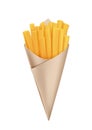 Fried French fries in cone paper cone bag, snack packaging, craft paper for street food.