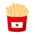 Fried French fries in a red paper box. Street fast food. Fat, high-calorie food. Flat cartoon style, isolated on a white