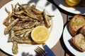 Fried fresh anchovies in the greek tavern. Royalty Free Stock Photo