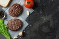 Fried fresh ingredient for beef burger with tomatoes, salads and garlic