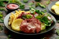 Fried Gammon steak with pineapple, french fries and vegetables Royalty Free Stock Photo