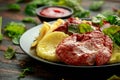 Fried Gammon steak with pineapple, french fries and vegetables Royalty Free Stock Photo