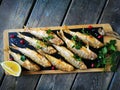 Fried goatfish surmullet with lemon on board Royalty Free Stock Photo