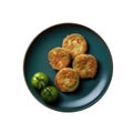 Fried Green Tomatoes On Blue Smooth Round Plate On Isolated Transparent Background U.S. Dish. Generative AI