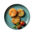 Fried Green Tomatoes On Blue Smooth Round Plate On Isolated Transparent Background U.S. Dish. Generative AI