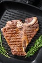 Fried on a grill skillet t bone porterhouse beef meat Steak. Black background. Top view