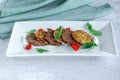 Fried grilled slices of beef fillet with vegetable zucchini and cabbage pancakes Royalty Free Stock Photo