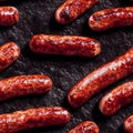 Fried or grilled sausages on black - seamless food pattern